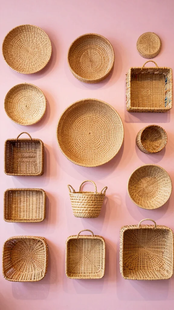 10 Woven Basket Wall Arrangement Ideas for a Natural Layered Look - 1. Eclectic Mix of Shapes and Sizes 1