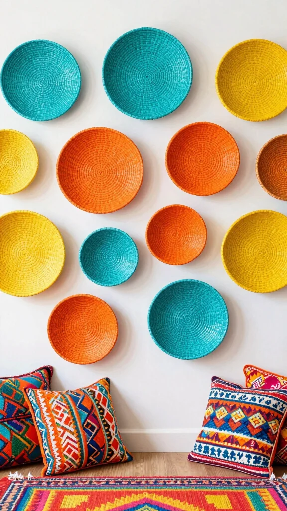 10 Woven Basket Wall Arrangement Ideas for a Natural Layered Look - 10. Bold Color Combinations 1