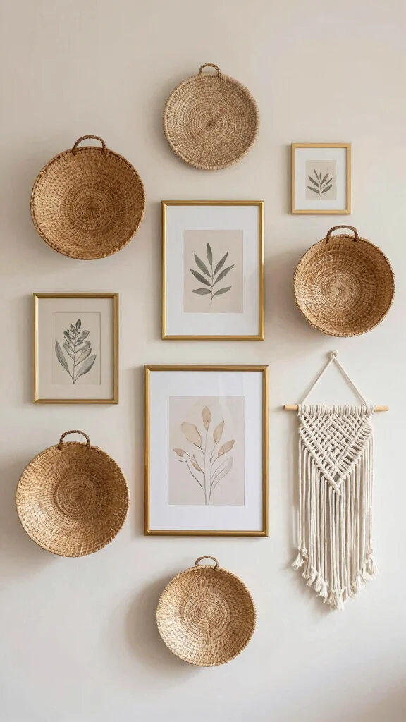 10 Woven Basket Wall Arrangement Ideas for a Natural Layered Look - 3. Layering with Wall Art 1