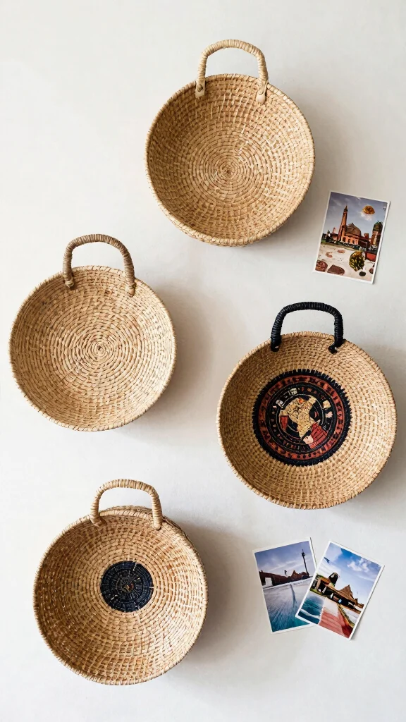 11 3-Basket Wall Arrangement Ideas for a Balanced Styled Display - 10. Travel-Inspired Display 1