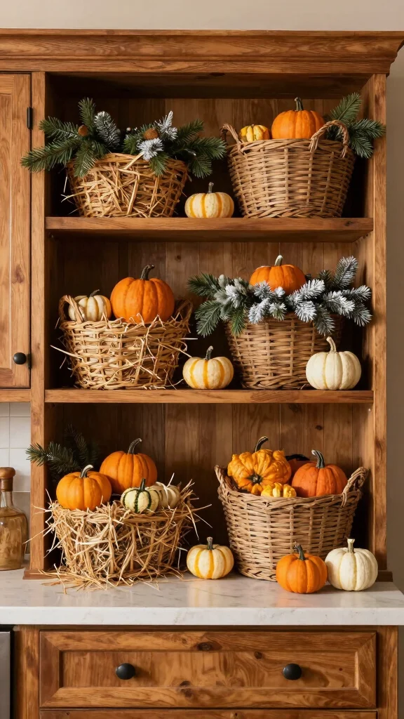 11 Above-Cabinet Basket Ideas for Decorative Storage in the Kitchen - 10. Seasonal Decor Baskets 1