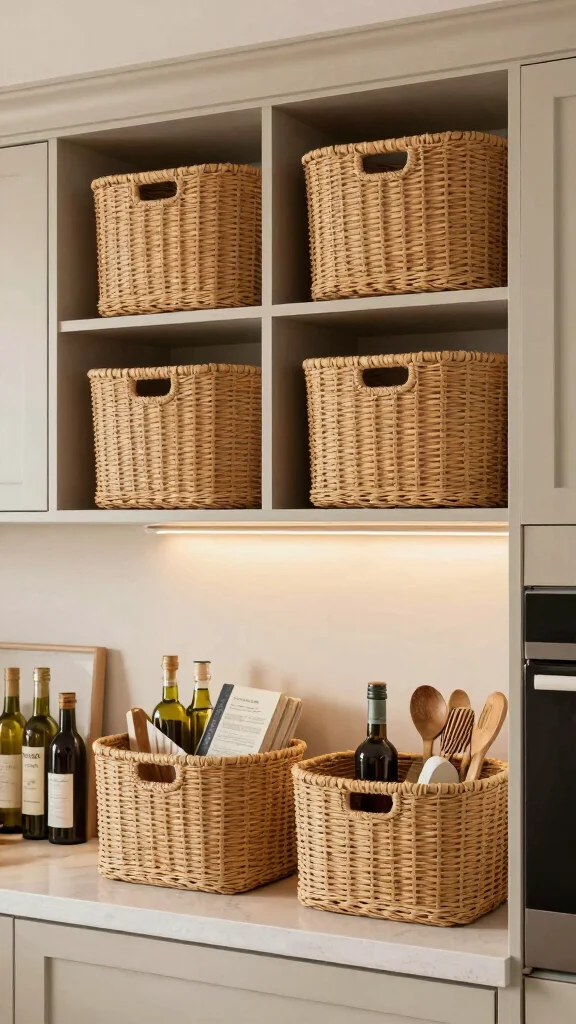11 Above-Cabinet Basket Ideas for Decorative Storage in the Kitchen - 11. Functional Storage Baskets 1