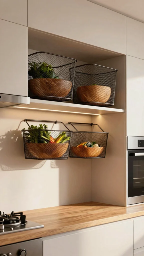 11 Above-Cabinet Basket Ideas for Decorative Storage in the Kitchen - 2. Metal Mesh Baskets 1