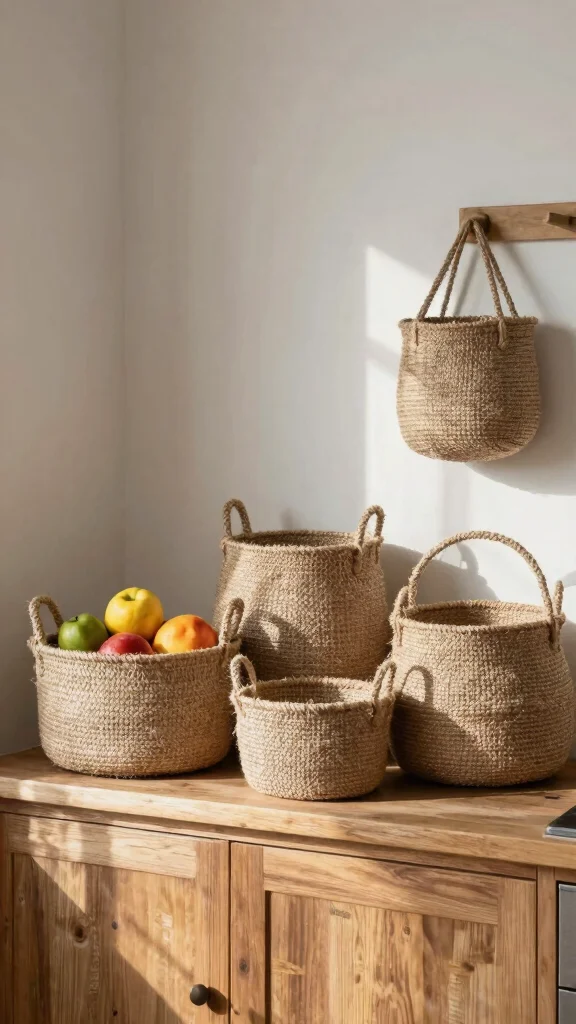 11 Above-Cabinet Basket Ideas for Decorative Storage in the Kitchen - 6. Natural Fiber Baskets 1
