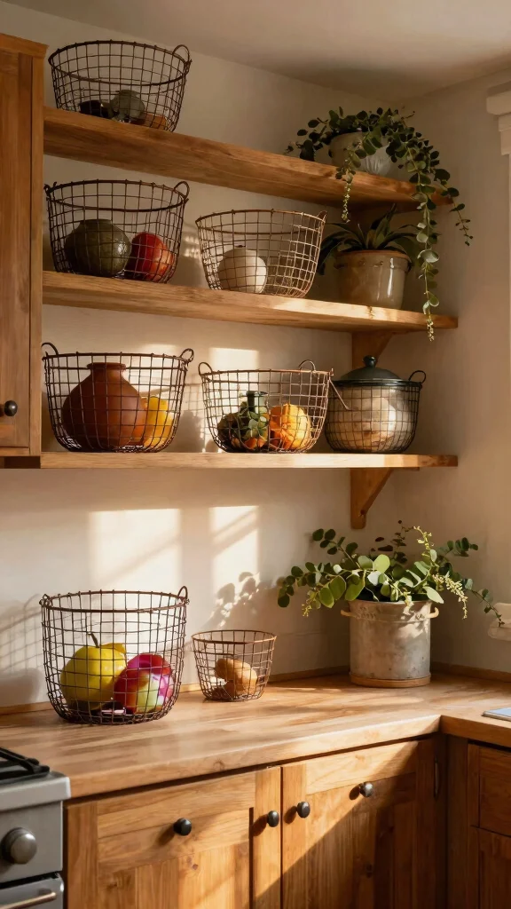 11 Above-Cabinet Basket Ideas for Decorative Storage in the Kitchen - 7. Decorative Wire Baskets 1