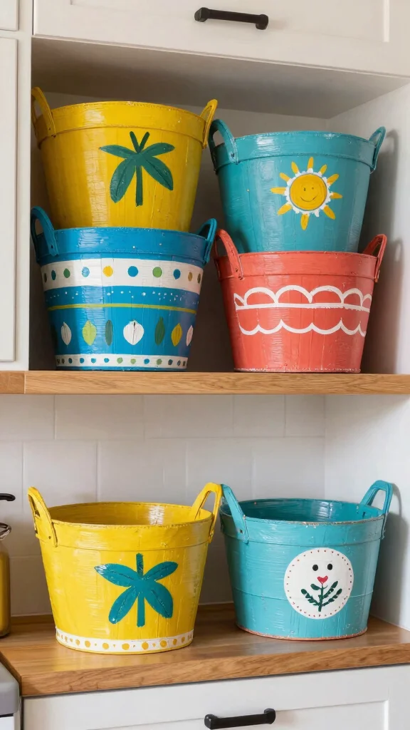 11 Above-Cabinet Basket Ideas for Decorative Storage in the Kitchen - 9. DIY Painted Baskets 1