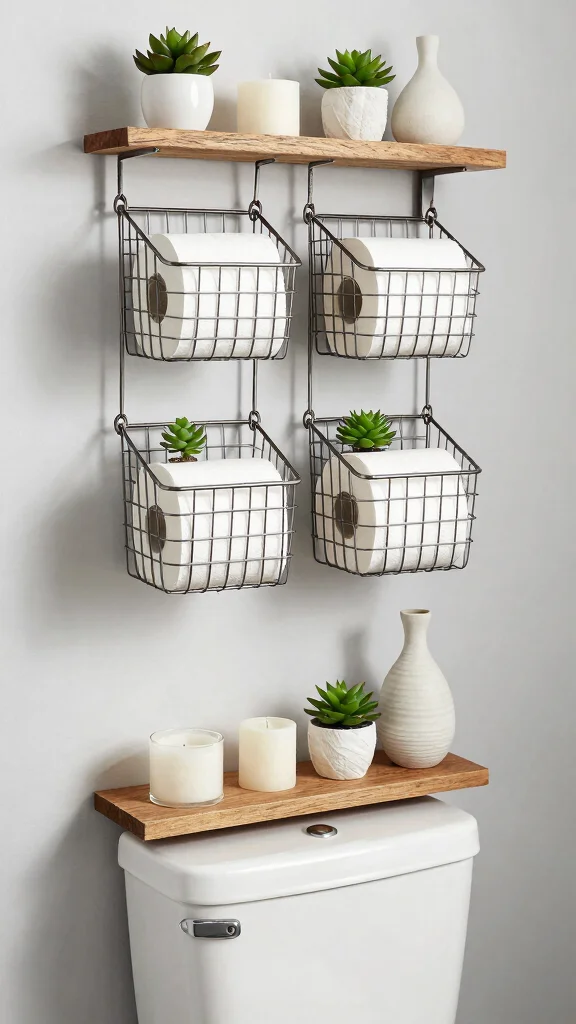 11 Above-Toilet Basket Ideas for Extra Bathroom Storage - 2. Metal Wire Baskets 1
