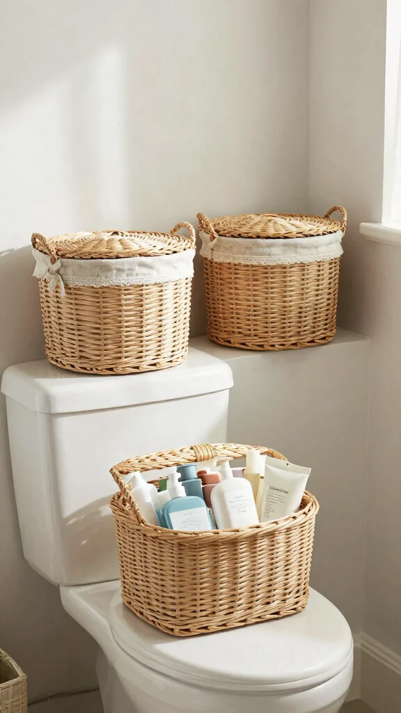 11 Above-Toilet Basket Ideas for Extra Bathroom Storage - 4. Decorative Baskets with Lids 1