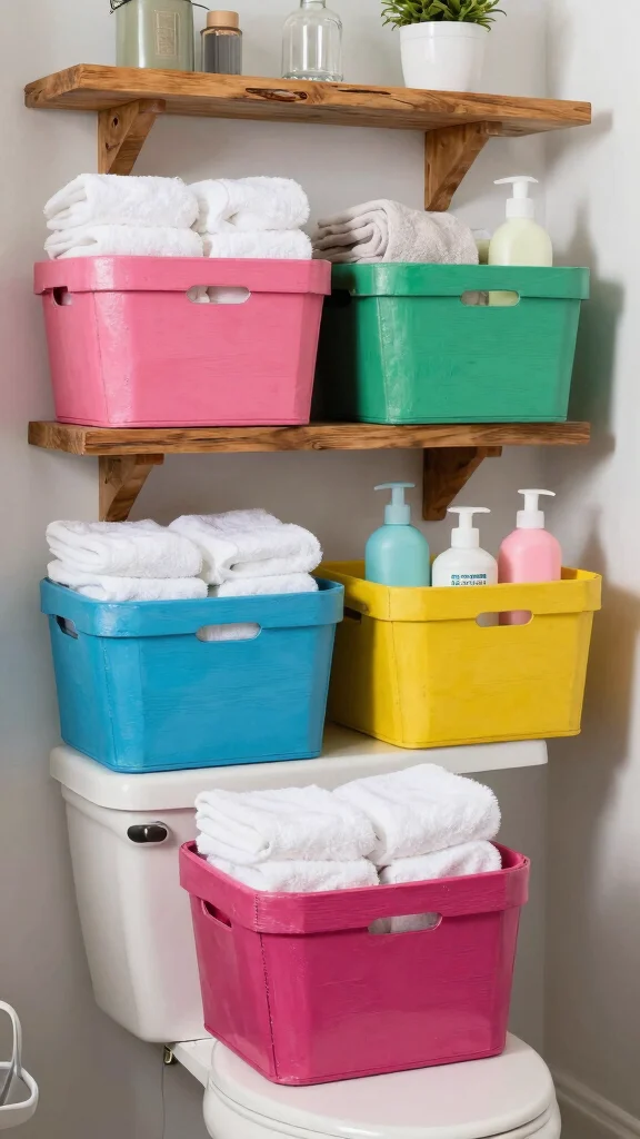 11 Above-Toilet Basket Ideas for Extra Bathroom Storage - 6. Painted Wooden Baskets 1