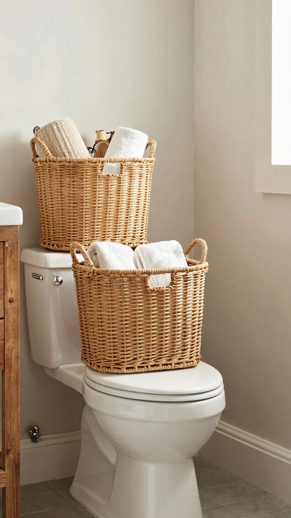 11 Above-Toilet Basket Ideas for Extra Bathroom Storage - 7. Rattan Baskets 1