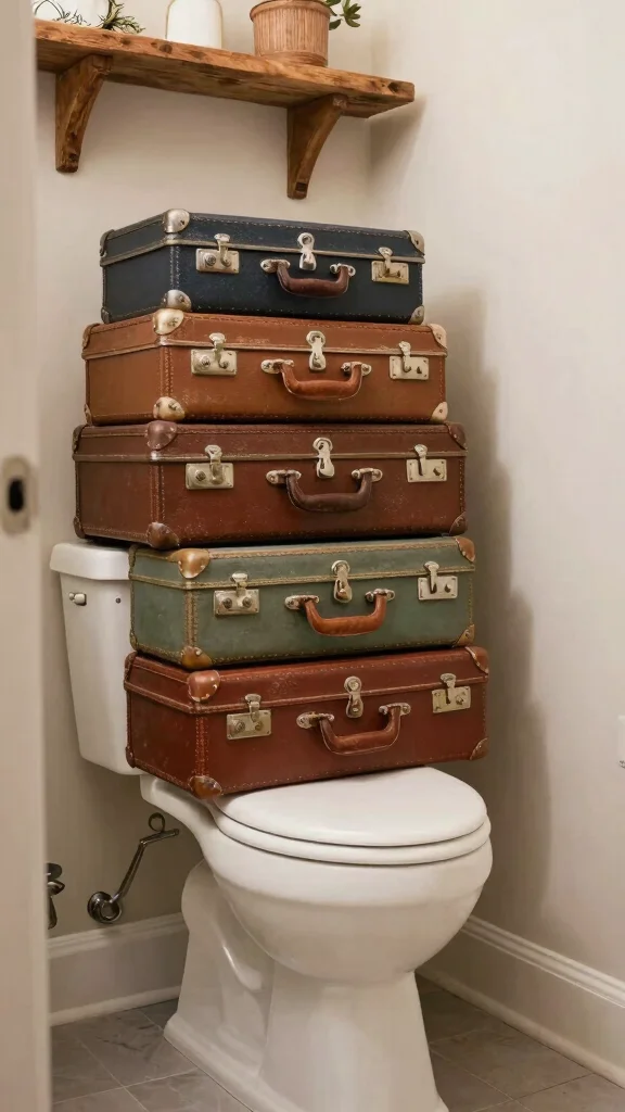 11 Above-Toilet Basket Ideas for Extra Bathroom Storage - 8. Vintage Suitcases 1