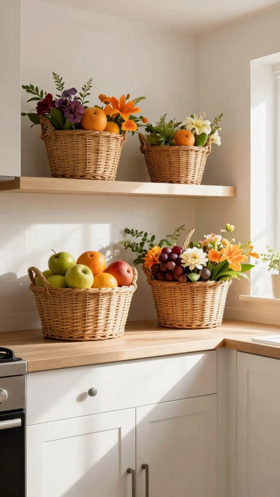 11 Basket Ideas for the Top of Kitchen Cabinets for Stylish Extra Storage - 10. Seasonal Decor Baskets 1