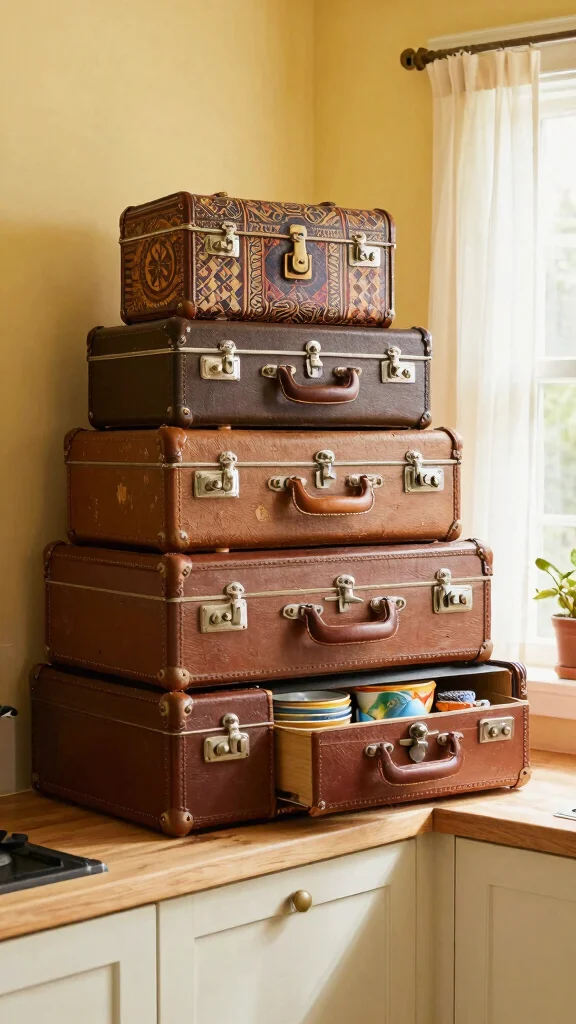 11 Basket Ideas for the Top of Kitchen Cabinets for Stylish Extra Storage - 2. Vintage Suitcases 1