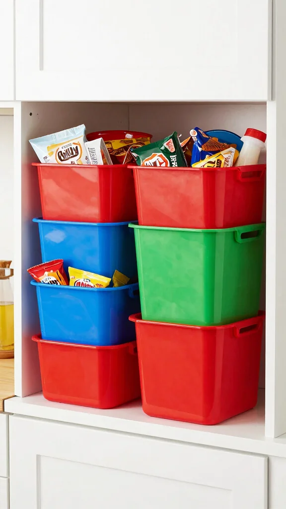 11 Basket Ideas for the Top of Kitchen Cabinets for Stylish Extra Storage - 3. Colorful Plastic Bins 1
