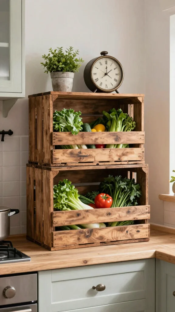 11 Basket Ideas for the Top of Kitchen Cabinets for Stylish Extra Storage - 4. Farmhouse-Style Crates 1