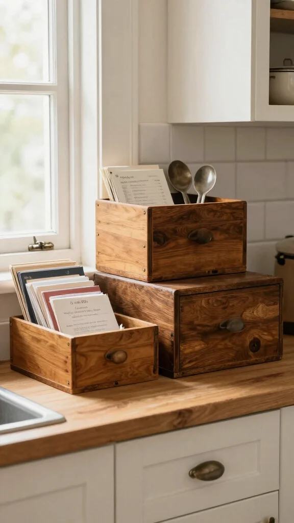 11 Basket Ideas for the Top of Kitchen Cabinets for Stylish Extra Storage - 7. Vintage Wooden Boxes 1