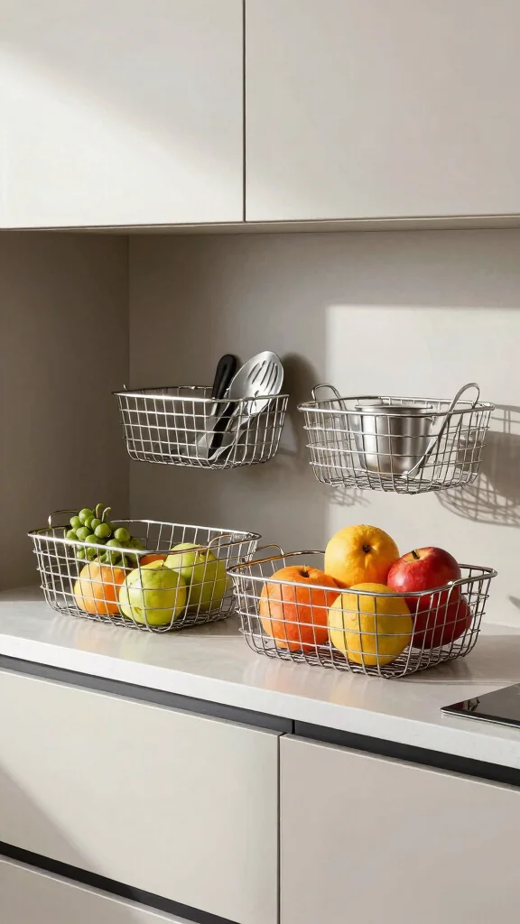 11 Basket Ideas for the Top of Kitchen Cabinets for Stylish Extra Storage - 8. Metal Baskets 1