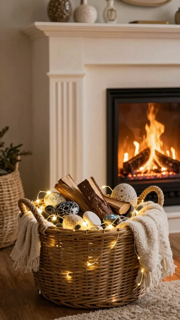 11 Fireplace Basket Ideas for Logs, Throws, and Cozy Fireside Display - 10. Decorative Accents 1
