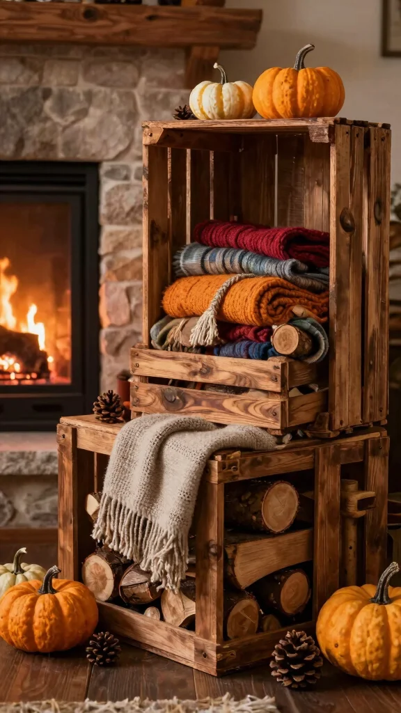 11 Fireplace Basket Ideas for Logs, Throws, and Cozy Fireside Display - 3. Rustic Crates 1