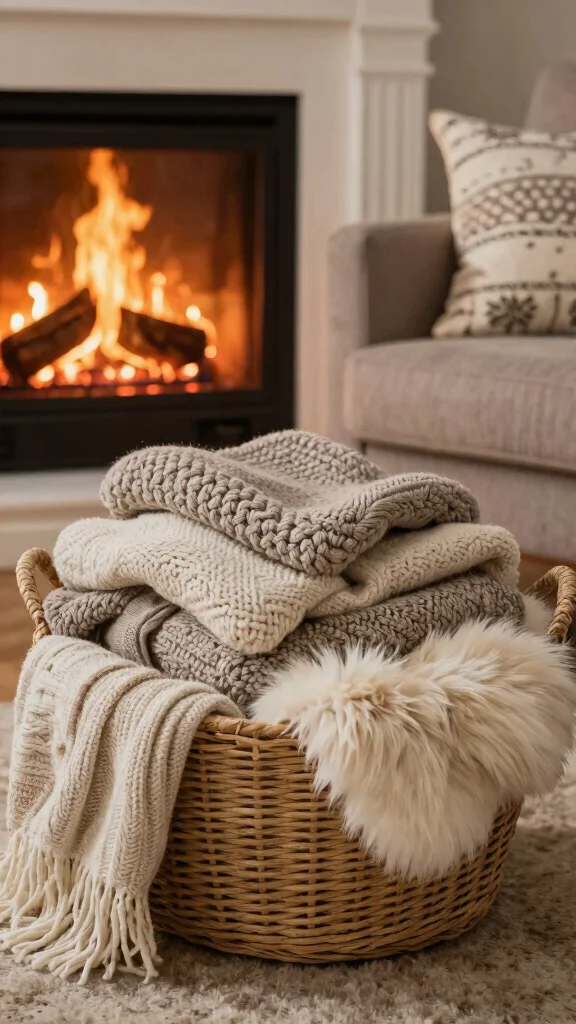11 Fireplace Basket Ideas for Logs, Throws, and Cozy Fireside Display - 5. Textured Blankets & Throws 1