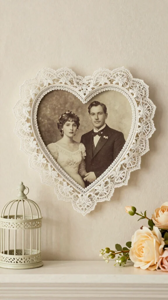 11 Heart-Shaped Picture Frame Ideas for a Sweet Romantic Wall Display - 4. Vintage Lace Heart Frame 1