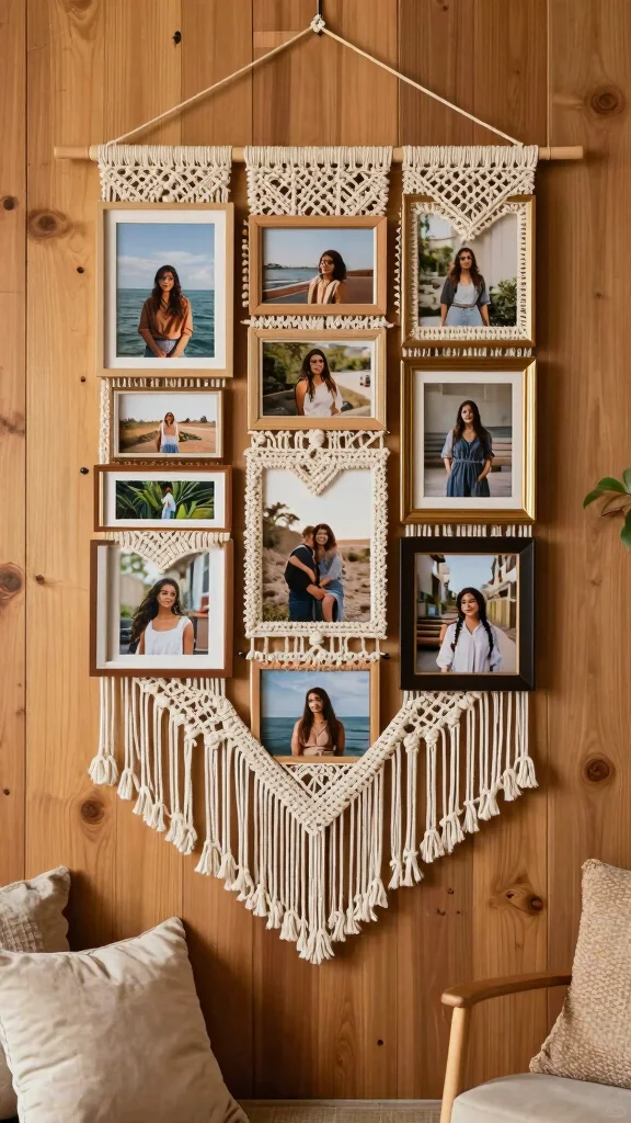 11 Macrame Picture Frame Ideas for a Boho Woven Wall Display - 10. Multi-Photo Macrame Collage 1