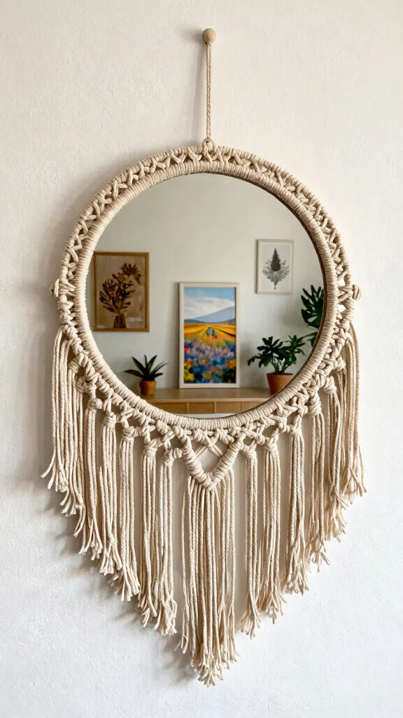 11 Macrame Picture Frame Ideas for a Boho Woven Wall Display - 2. Round Macrame Frame with Fringes 1