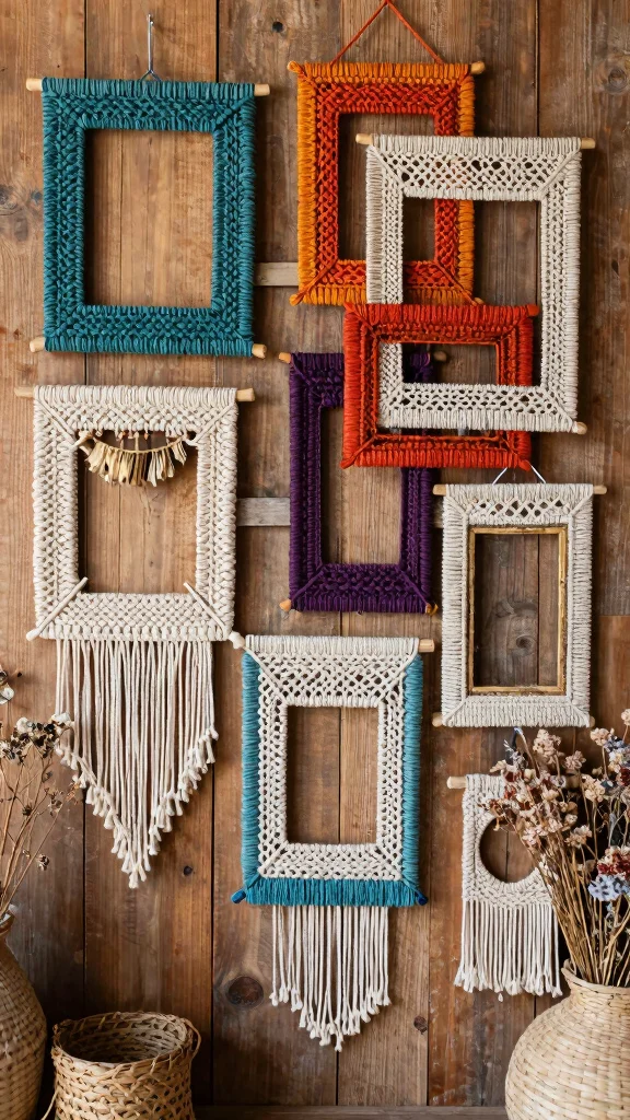 11 Macrame Picture Frame Ideas for a Boho Woven Wall Display - 3. Layered Macrame Frame Ensemble 1