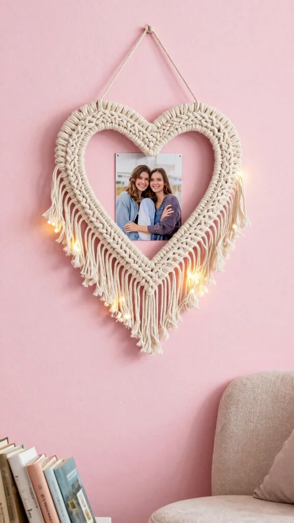 11 Macrame Picture Frame Ideas for a Boho Woven Wall Display - 4. Macrame Heart-Shaped Frame 1