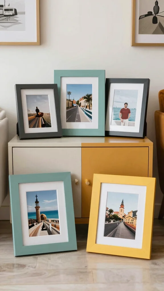 11 Standing Picture Frame Ideas for Shelves, Desks, and Mantles - 6. Color Coordination 1