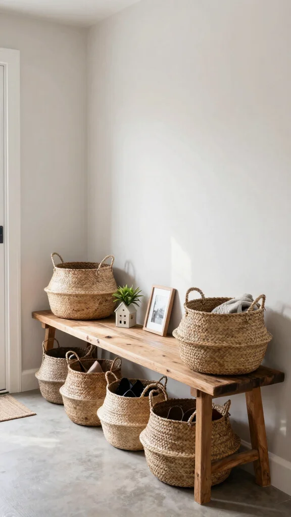 11 Under-Bench Basket Ideas for Shoes, Bags, and Daily Essentials - 1. Rustic Woven Baskets 1