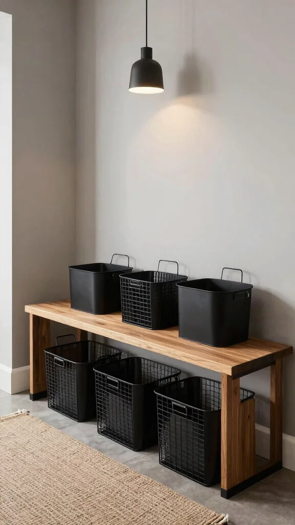 11 Under-Bench Basket Ideas for Shoes, Bags, and Daily Essentials - 2. Stylish Metal Baskets 1