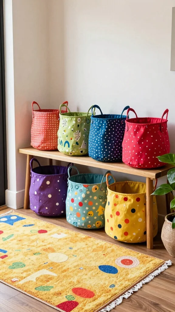 11 Under-Bench Basket Ideas for Shoes, Bags, and Daily Essentials - 3. Colorful Fabric Baskets 1