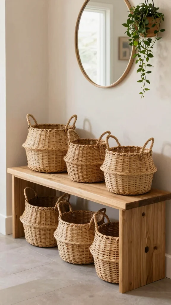 11 Under-Bench Basket Ideas for Shoes, Bags, and Daily Essentials - 5. Chic Rattan Baskets 1