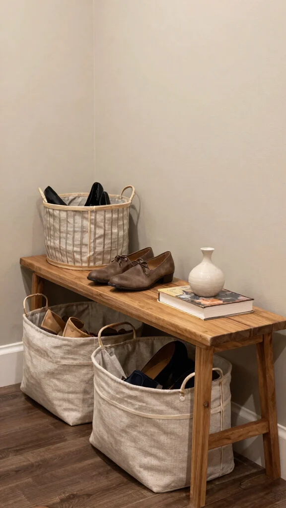 11 Under-Bench Basket Ideas for Shoes, Bags, and Daily Essentials - 8. Decorative Baskets with Liners 1