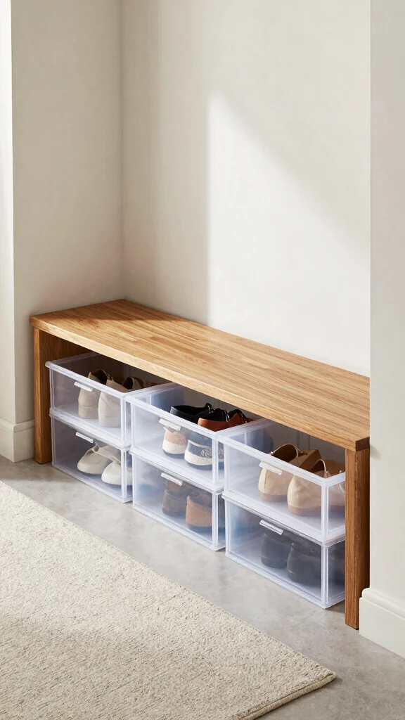 11 Under-Bench Basket Ideas for Shoes, Bags, and Daily Essentials - 9. Clear Storage Boxes 1