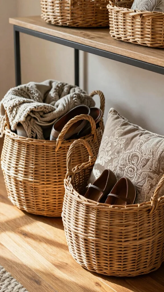 11 Under-Console Table Basket Ideas for Neat Accessible Entry Storage - 1. Woven Wicker Baskets for an Earthy Touch 1