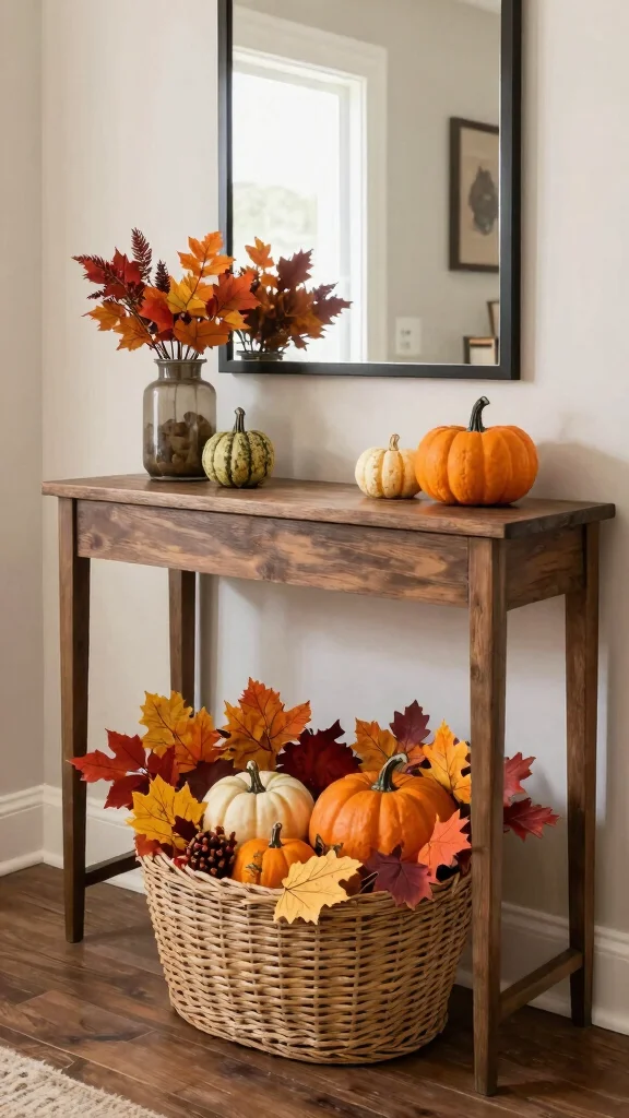 11 Under-Console Table Basket Ideas for Neat Accessible Entry Storage - 10. Seasonal Baskets for Year-Round Style 1
