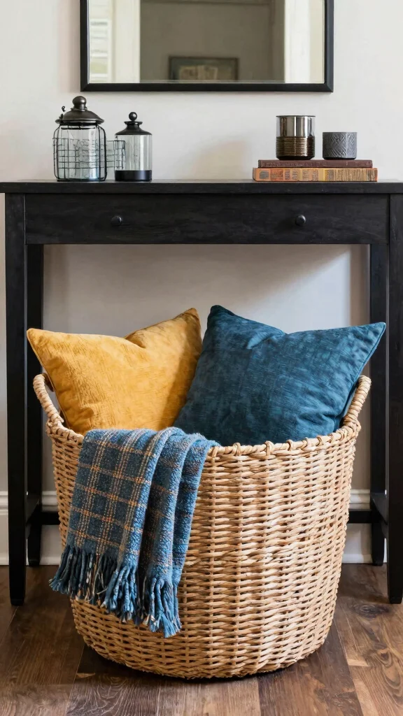 11 Under-Console Table Basket Ideas for Neat Accessible Entry Storage - 11. Statement Baskets for a Bold Look 1
