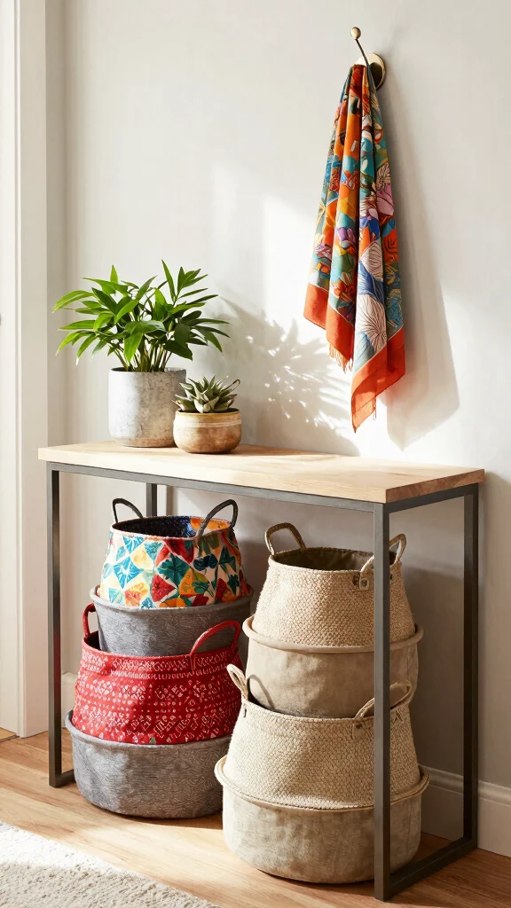 11 Under-Console Table Basket Ideas for Neat Accessible Entry Storage - 2. Stylish Fabric Baskets for a Soft Look 1