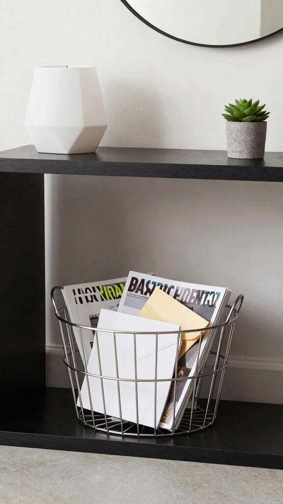 11 Under-Console Table Basket Ideas for Neat Accessible Entry Storage - 3. Metallic Baskets for a Modern Touch 1