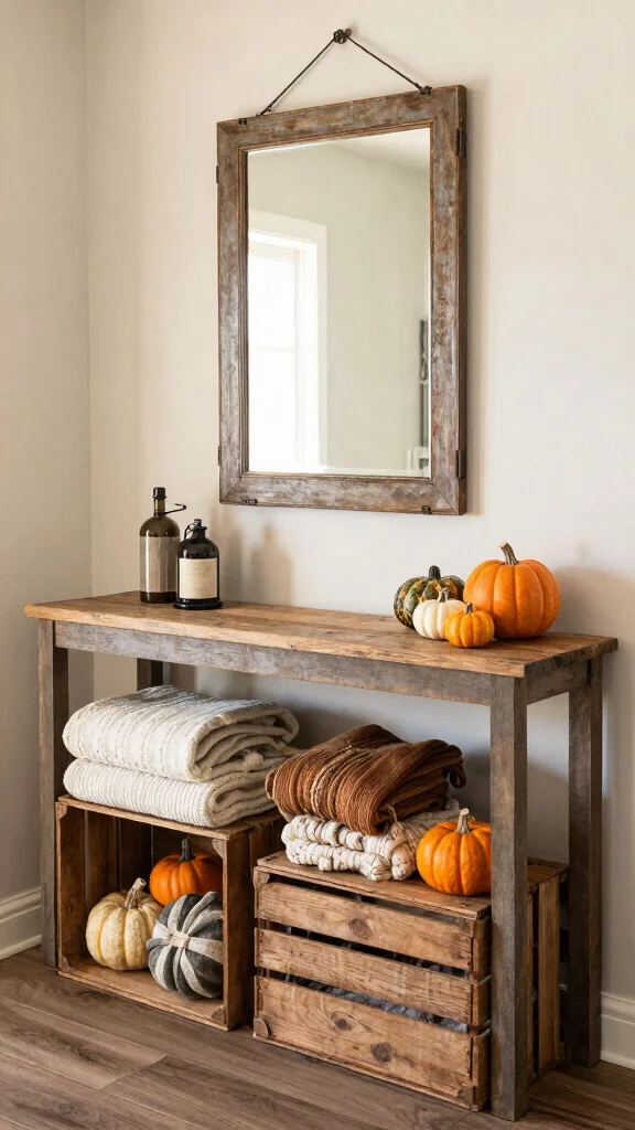 11 Under-Console Table Basket Ideas for Neat Accessible Entry Storage - 4. Rustic Crates for a Farmhouse Vibe 1