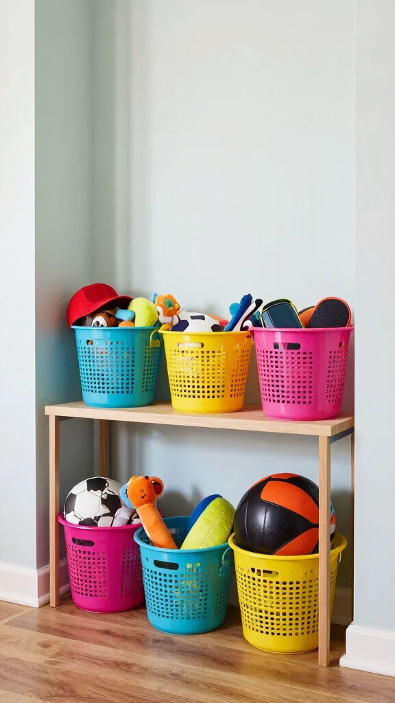 11 Under-Console Table Basket Ideas for Neat Accessible Entry Storage - 5. Colorful Plastic Baskets for a Fun Twist 1