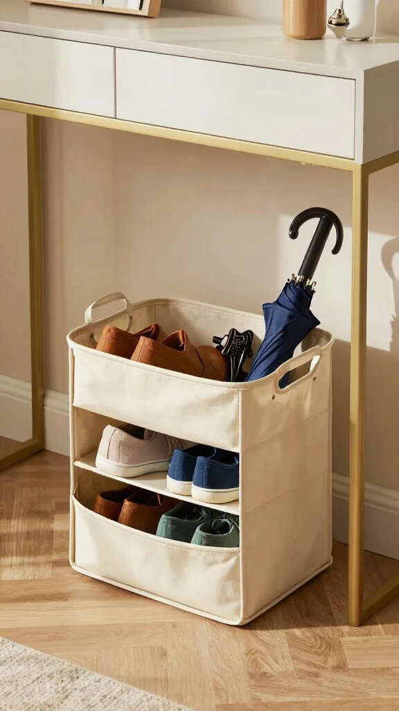 11 Under-Console Table Basket Ideas for Neat Accessible Entry Storage - 7. Multi-Purpose Baskets for Versatility 1