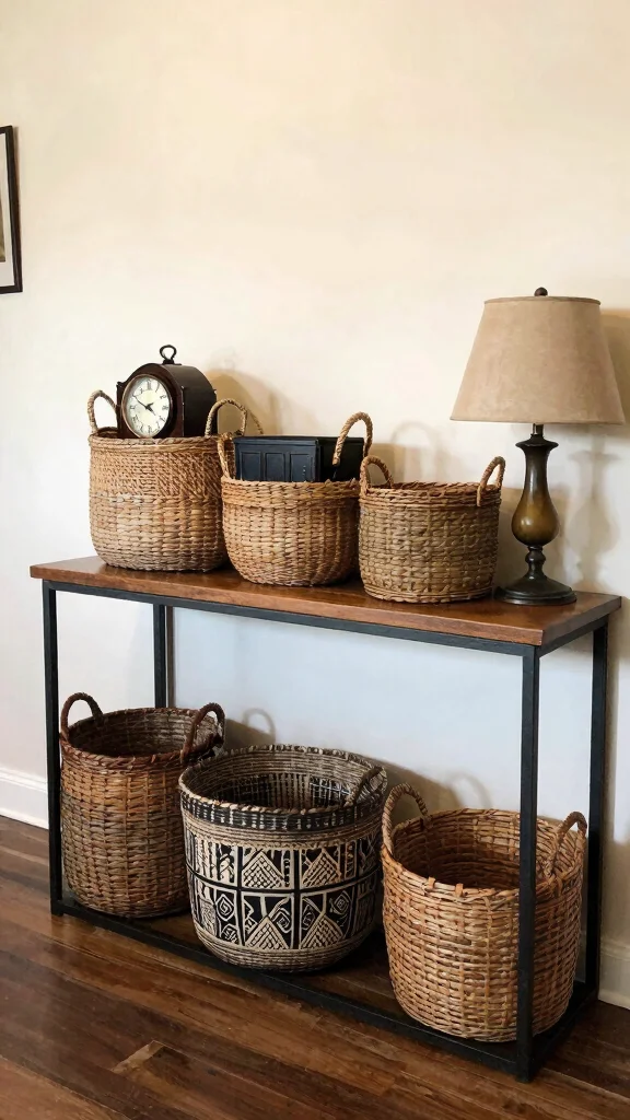 11 Under-Console Table Basket Ideas for Neat Accessible Entry Storage - 9. Vintage Baskets for a Timeless Appeal 1