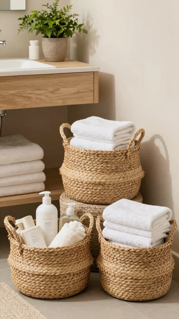 11 Under-Vanity Basket Ideas for Extra Bathroom Storage - 1. Woven Seagrass Baskets 1