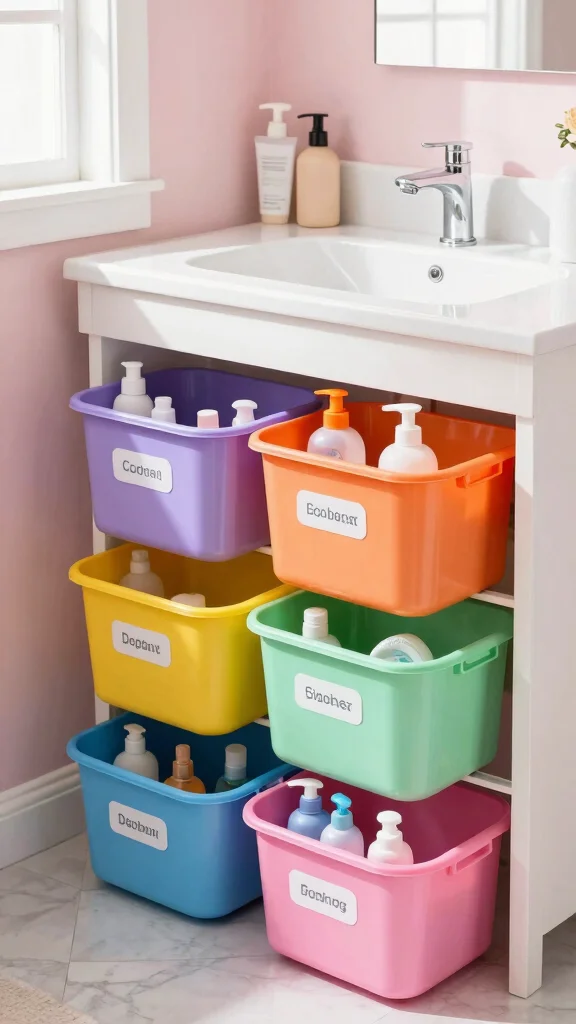 11 Under-Vanity Basket Ideas for Extra Bathroom Storage - 4. Colorful Plastic Bins 1