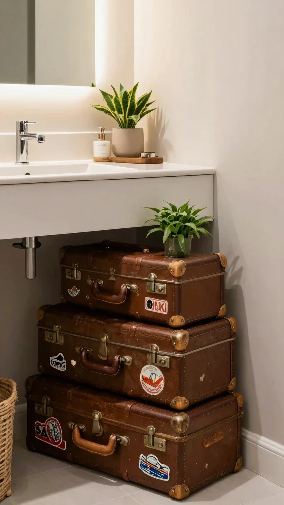 11 Under-Vanity Basket Ideas for Extra Bathroom Storage - 5. Vintage Suitcases 1