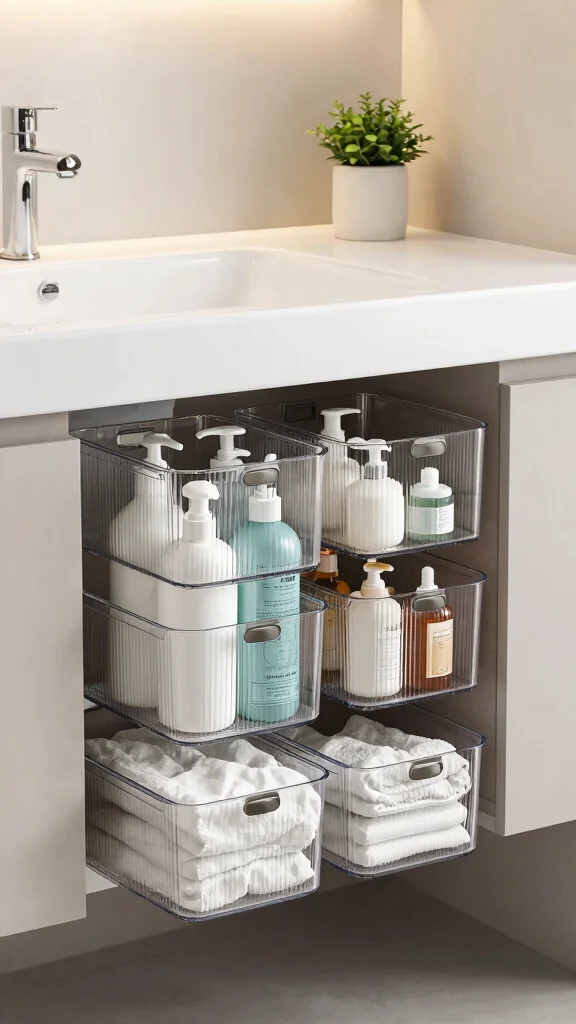 11 Under-Vanity Basket Ideas for Extra Bathroom Storage - 6. Transparent Storage Bins 1