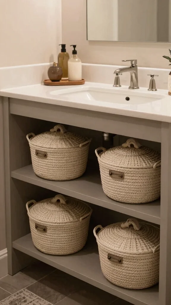 11 Under-Vanity Basket Ideas for Extra Bathroom Storage - 9. Baskets with Lids 1
